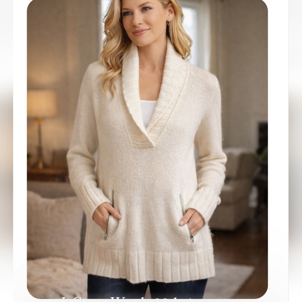 J.Crew Ivory Wool Mohair Shawl Collar Sweater Zip Pockets Size M